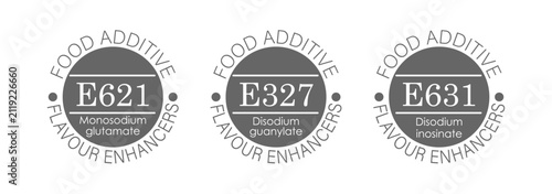 Icons, labels, stickers, or pictograms with the designation and name of food additives in the flavor enhancer group. Ideas for websites, apps, informational materials, and printed materials