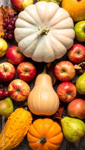 Fresh fruits and vegetables arranged on a wooden surface during the autumn season