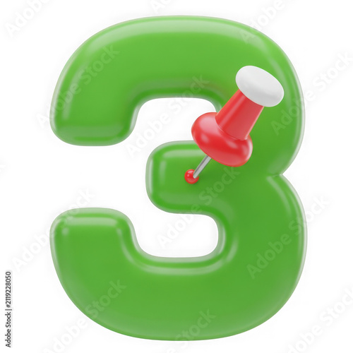 3d rendered green number three with red heart and white snowflake