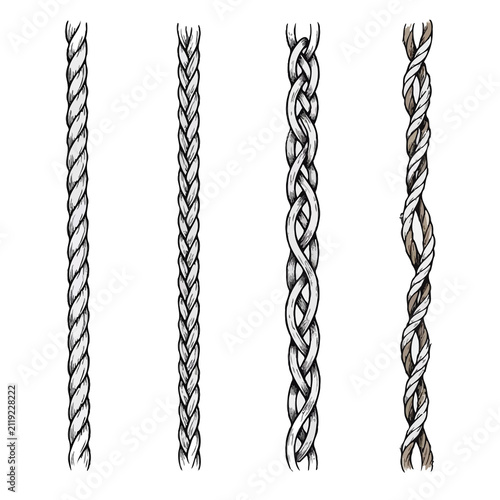 Hand drawn Set of different braids. Cord Styles Illustration. Twisted rope knots isolated. Braided Frieze Border. Decorative sketch ribbons borders. Pencil simple drawing. Spiral motifs, plait