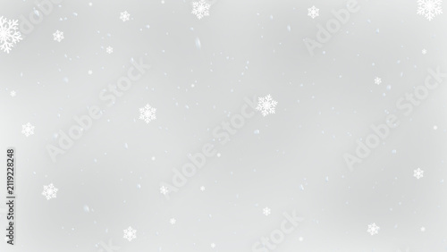 Decorative crystal snowflakes mixed with realistic falling snow for festive winter holiday greeting card design.