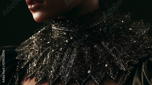 Prompt: A mysterious portrait of a noblewoman. Her high lace collar mimics the complex filaments of dark matter webs, with tiny silver star clusters embedded in the pattern. Shot on Phase One 