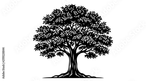 Cuadro en lienzo Silhouette of a large, leafy tree with strong roots and branches, isolated on white