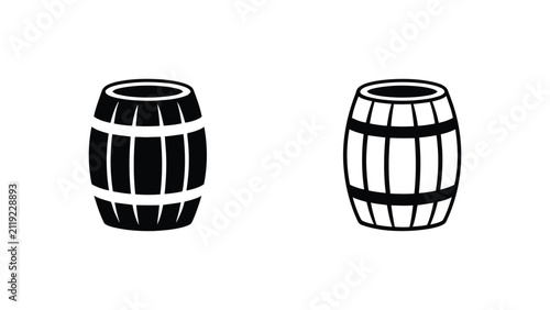Barrel icon set — two black variations featuring solid silhouette barrel with white curved hoops and outlined barrel with black lines, representing storage, container, wine, beer, and industrial desig