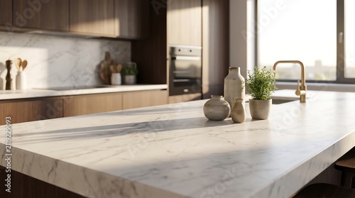 Modern Kitchen with White Marble Countertop Island Dark Wood Cabinets Realistic Interior Design for Real Estate Website