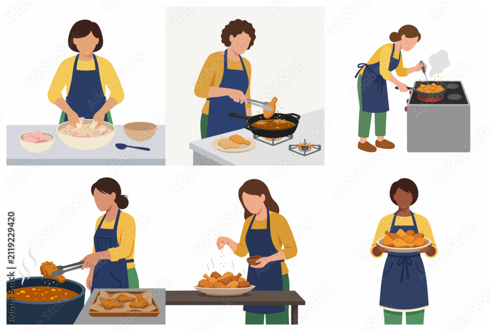 Fototapeta premium Set of flat vector illustrations of a woman cooking delicious fried chicken at home