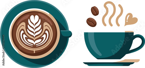 Quadro su tela Top View Latte Art and Side View Hot Coffee Cup Vector Illustration with Beans a
