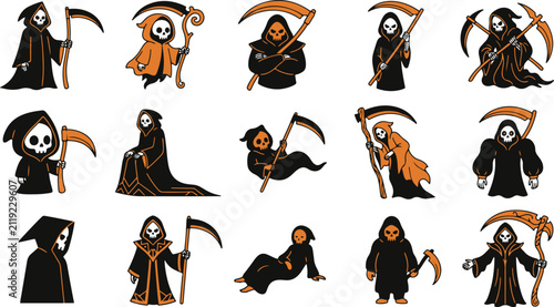 Collection of cute cartoon halloween grim reaper characters with scythes in various poses for festive holiday sticker designs