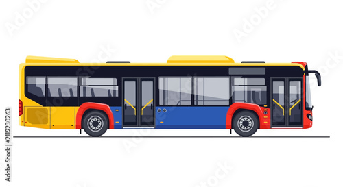 Canvastavla Modern City Bus - Yellow, Blue, Red - Side View