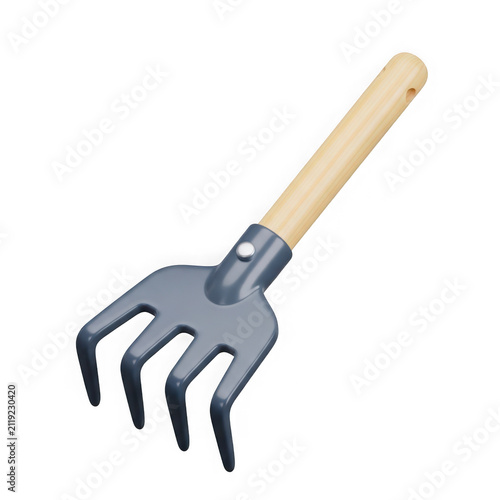 3d rendered image of a garden fork with a wooden handle and metal prongs