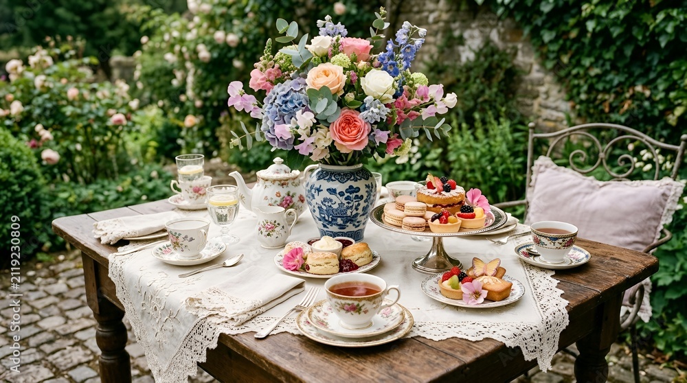 Fototapeta premium Elegant Garden Tea Party Table Setting with Flowers and Pastries