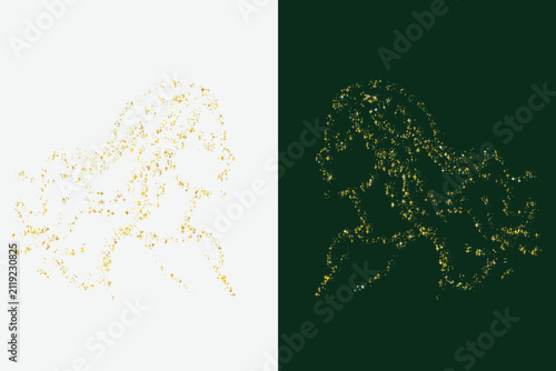 Silhouette of a horse formed by golden glitter, stars, and sparkling particles on split white and dark green background