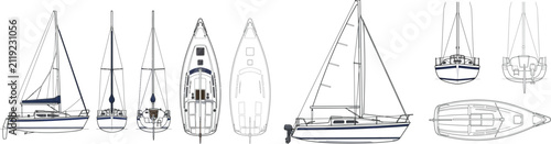 Sailboat vector drawing set, yacht blueprint illustration in top, side and front views. Technical marine outline for nautical design, sailing, boat plans and maritime engineering graphics