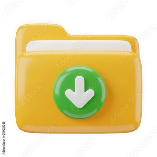 3d rendered folder icon with green download arrow and yellow background