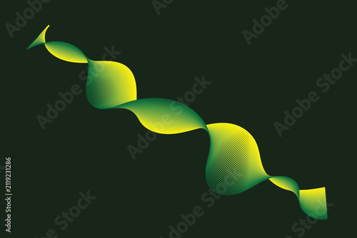 Abstract wavy ribbon shape with yellow and green gradient, composed of fine parallel lines on a dark charcoal background
