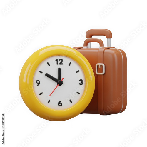 3d rendered clock and suitcase on a white background with a yellow clock and brown suitcase