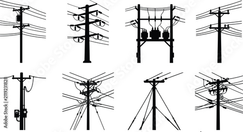 Set of electric utility pole and distribution line silhouettes for energy infrastructure and grid maintenance design