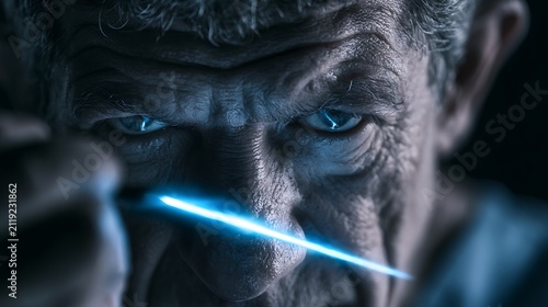 Prompt: A portrait of a focused physician. His surgical scalpel is made of a laser-thin, brilliant blue beam of pulsar radiation that lights up his intense eyes. Shot on Phase One XF IQ4, f/4.0, 