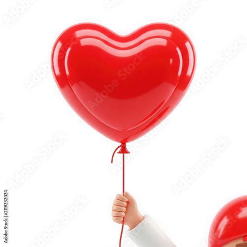 3d rendered image of a red heart-shaped balloon held by a hand