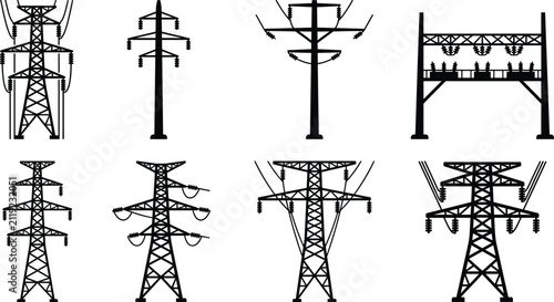 Foto Set of high voltage electricity pylons and industrial transmission structures is