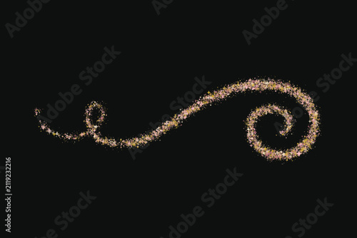 Swirling trail of rose gold and champagne glitter particles, sparkling dust wave with star shapes on a solid black background