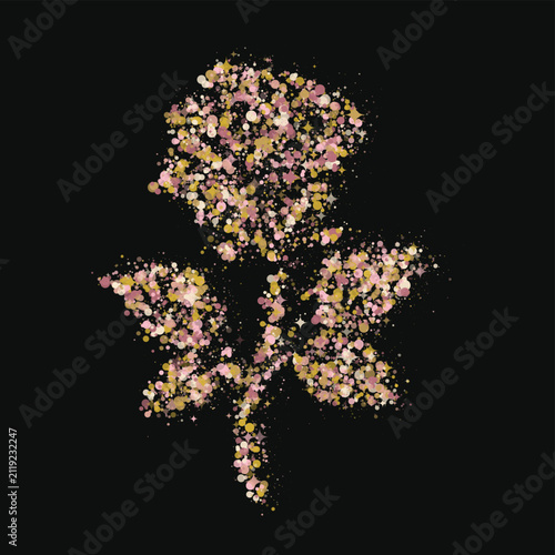 Rose flower silhouette made of pink, gold, and beige glitter particles, confetti, and small star shapes on a solid black background