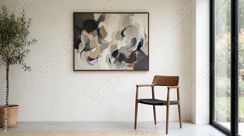 Modern Abstract Art Painting and Chair in Minimalist Living Room