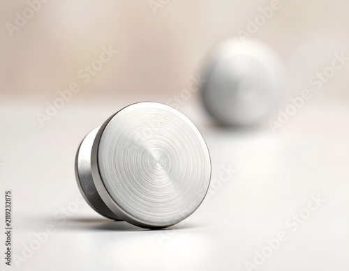 Brushed metal circular furniture knob on a light neutral background