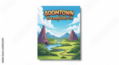 Vibrant Cartoon Landscape with Jagged Mountain, Cave, and Lake