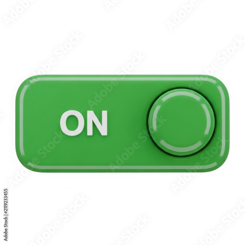 3d rendered close-up view of a green button with the word 'on' and a rotating knob