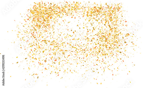 Scattered golden confetti particles, abstract yellow and orange rectangular shapes isolated on a white background
