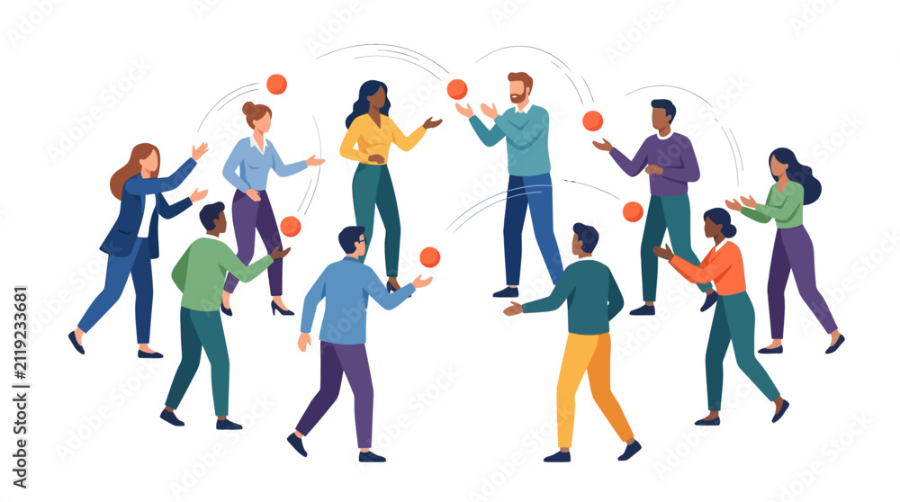 Fototapeta premium Diverse multicultural professionals tossing orange balls for effective team collaboration flat vector illustration