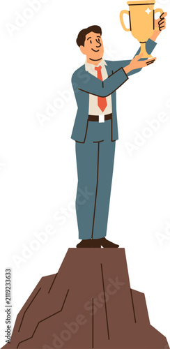 Businessman holding trophy on mountain peak