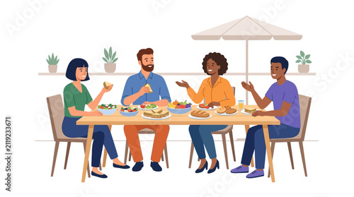 Diverse Multicultural Coworkers Sharing a Healthy Lunch and Talking During an Outdoor Team Meeting Flat Design Vector Illustration