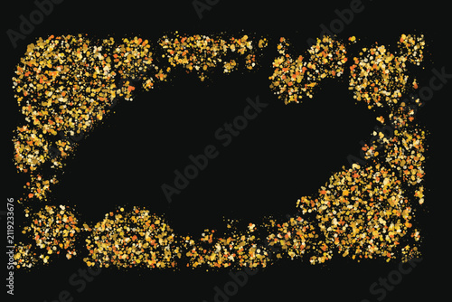Golden glitter particles forming a rectangular frame border, scattered yellow and orange circular dots on a solid black background
