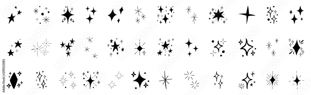 Fototapeta premium Hand drawn star spark doodle element icon set. Hand drawn sketch doodle style. Star shape twinkle glitter spark shine crayon grunge brush. vector illustration eps file.