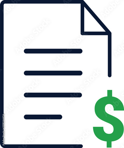 Financial Document Icon with Dollar Symbol, Invoice, Payment File, Flat Line Vector Illustration