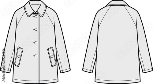 Technical fashion sketch of a classic womens rain jacket with raglan sleeves and button front closure