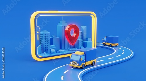 Delivery service tracking, 3D render of a smartphone with city map and GPS pin, logistics and shipping concept, online order fulfillment, modern transportation network