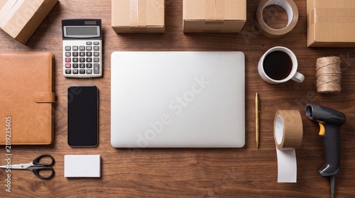 Workplace productivity and remote work setup. Laptop with blank screen surrounded by office supplies and planning tools on wooden desk.