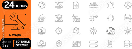 DevOps line editable icon set. Containing cloud server, software testing, agile workflow, continuous integration, cargo ship, security shield, and more. Editable stroke. Vector illustration