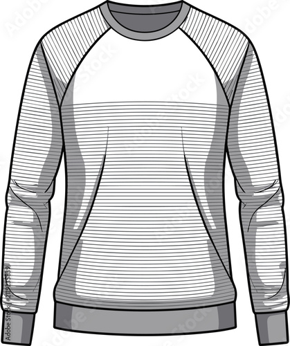 Technical fashion sketch of a mens raglan sleeve sweatshirt with horizontal striped texture and ribbed trim details