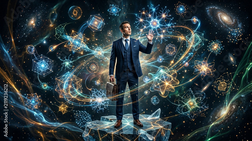 Businessman Interacting with Cosmic Data Network in Futuristic Galaxy