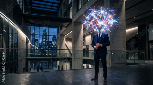 Businessman With Exploding Brain Idea Over Modern Office Building Background