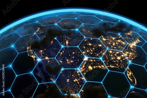 Digital earth with glowing network grid. Global connectivity concept showing data connection.