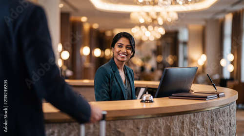 A smiling Indian hotel receptionist in a dark green blazer sitting behind a curved wooden reception desk, looking at a guest with luggage in a luxury hotel lobby, representing hospitality, premium ser