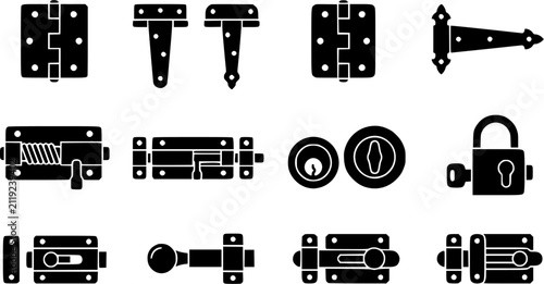 Door Hinge & Latch Silhouette Icon Set. Collection of locksmith & security silhouettes, including door hinge, latch, hardware, fitting, and more.