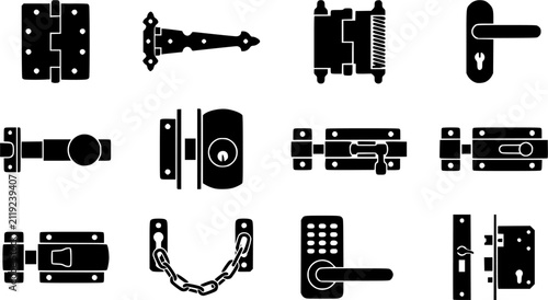 Door Hinge & Latch Silhouette Icon Set. Collection of locksmith & security silhouettes, including door hinge, latch, hardware, fitting, and more.