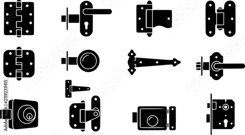 Door Hinge & Latch Silhouette Icon Set. Collection of locksmith & security silhouettes, including door hinge, latch, hardware, fitting, and more.