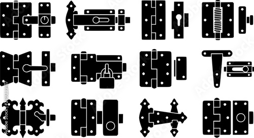 Door Hinge & Latch Silhouette Icon Set. Collection of locksmith & security silhouettes, including door hinge, latch, hardware, fitting, and more.